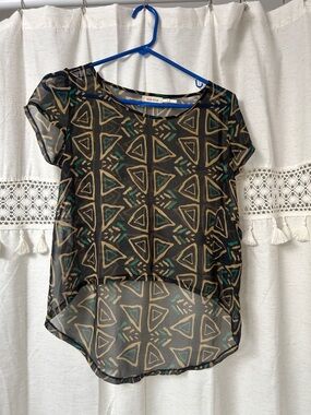 Blue Bird Black Sheer Geometric High-Low Blouse with Teal and Tan Accents